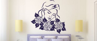 Nálepka na stenu ženská tvár s ružami, polep na stěnu a nábytek